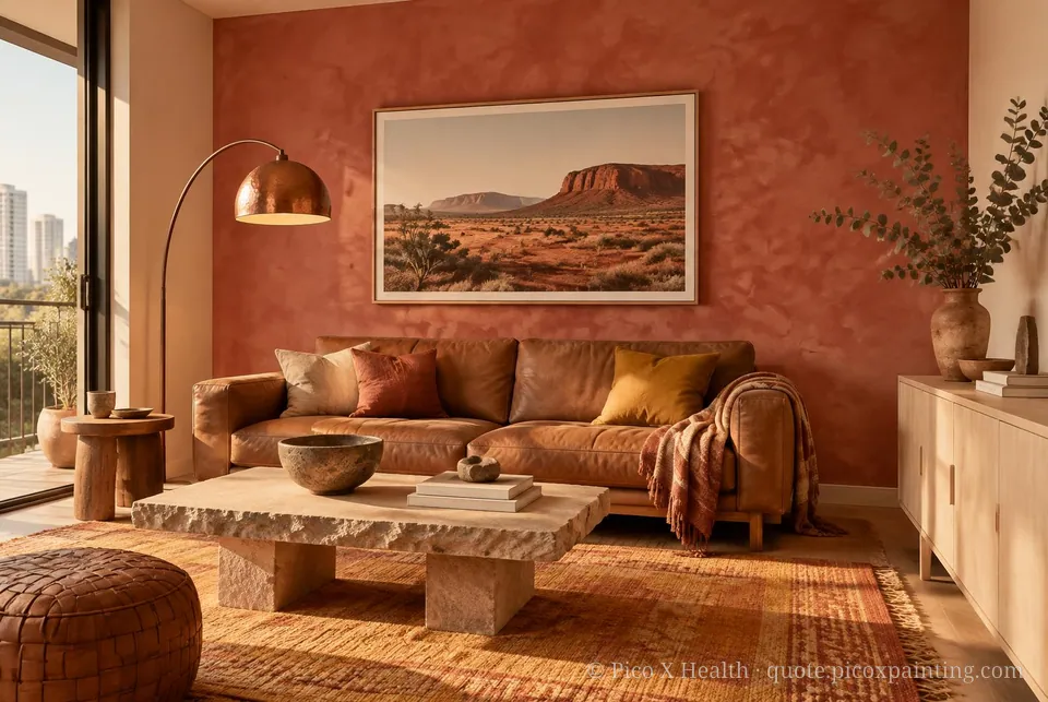 Outback Earth Soft / Airy living room — Gush Core/Care Breadwinner (NE028B) walls with a Raffles Terracota limewash feature wall and Outback Earth furnishings