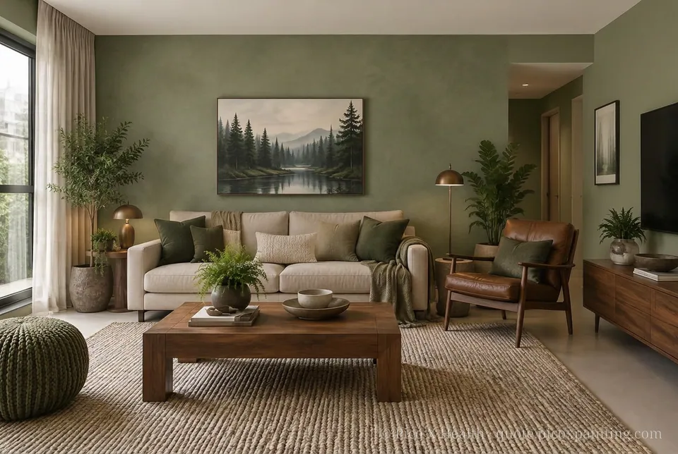 Pacific Northwest Rich / Statement living room — Gush Core/Care Malfoy (GR020B) walls with a Raffles Olive Overturn limewash feature wall and Pacific Northwest furnishings