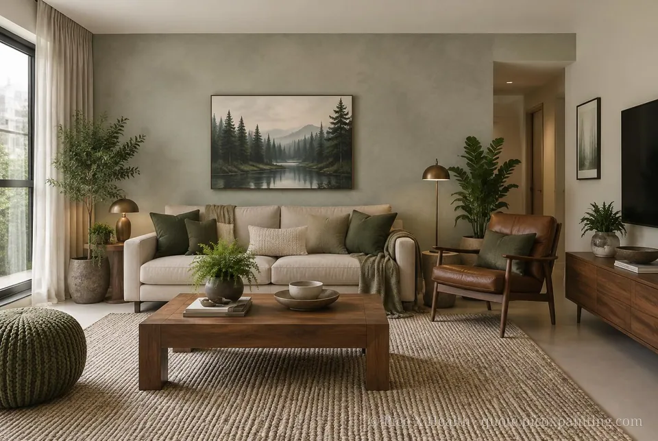 Pacific Northwest Soft / Airy living room — Gush Core/Care Bean Bag (GR000A) walls with a Raffles Silver Sage limewash feature wall and Pacific Northwest furnishings