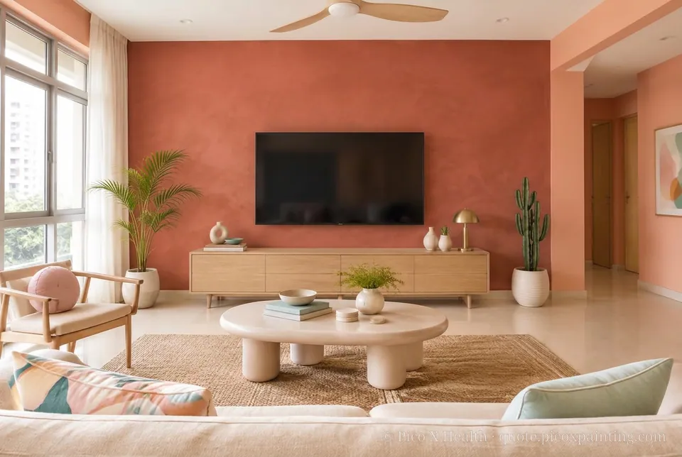 Palm Springs Modern Rich / Statement living room — Gush Core/Care Homecoming (PI012B) walls with a Raffles Terracota limewash feature wall and Palm Springs Modern furnishings
