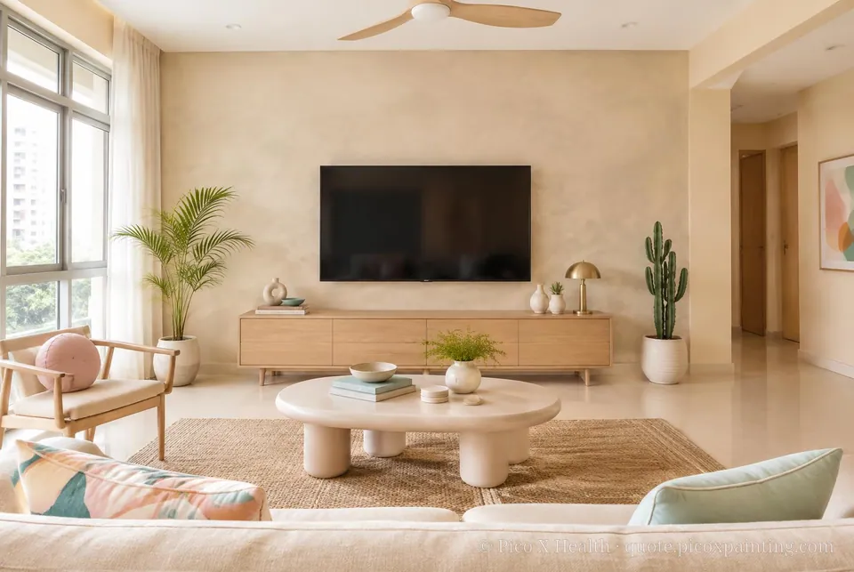 Palm Springs Modern Soft / Airy living room — Gush Core/Care Private Island (PI011A) walls with a Raffles Cotton Candy limewash feature wall and Palm Springs Modern furnishings