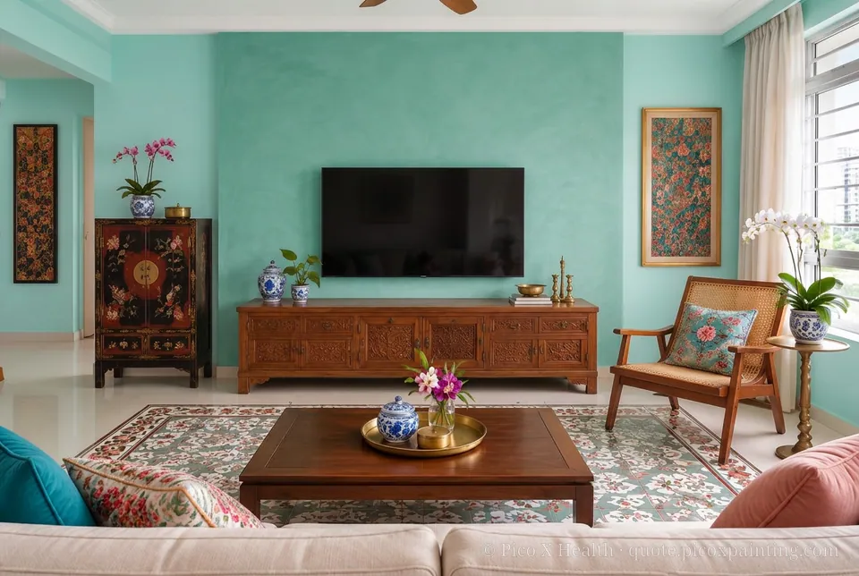 Peranakan Rich / Statement living room — Gush Core/Care Spark Plug (BG002A) walls with a Raffles Jade Oasis limewash feature wall and Peranakan furnishings