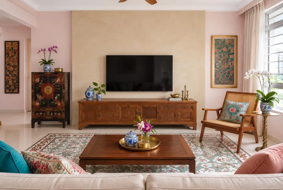 Peranakan Soft / Airy living room — Gush Core/Care Pinky Swear (PI000A) walls with a Raffles Cotton Candy limewash feature wall and Peranakan furnishings