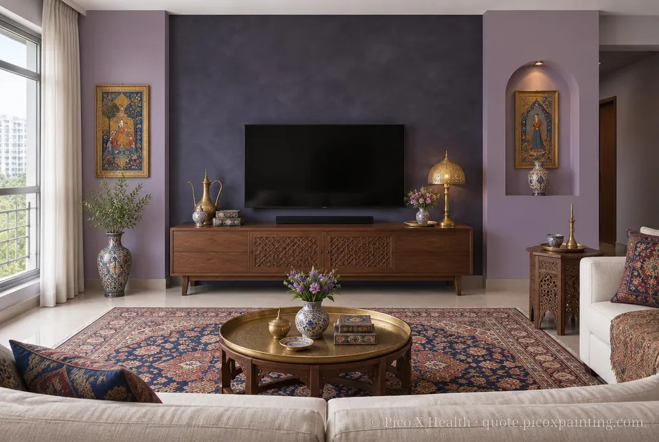 Persian Heritage Rich / Statement living room — Gush Core/Care Villa (PU019B) walls with a Raffles Royal Majesty limewash feature wall and Persian Heritage furnishings