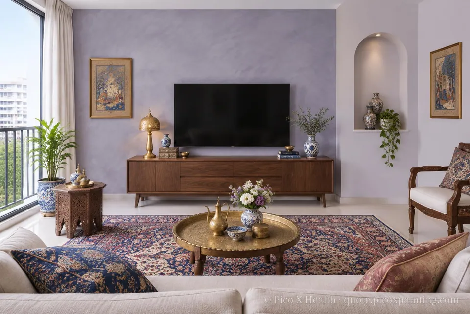 Persian Heritage Soft / Airy living room — Gush Core/Care Dulcet (PU015A) walls with a Raffles Lavender Dream limewash feature wall and Persian Heritage furnishings