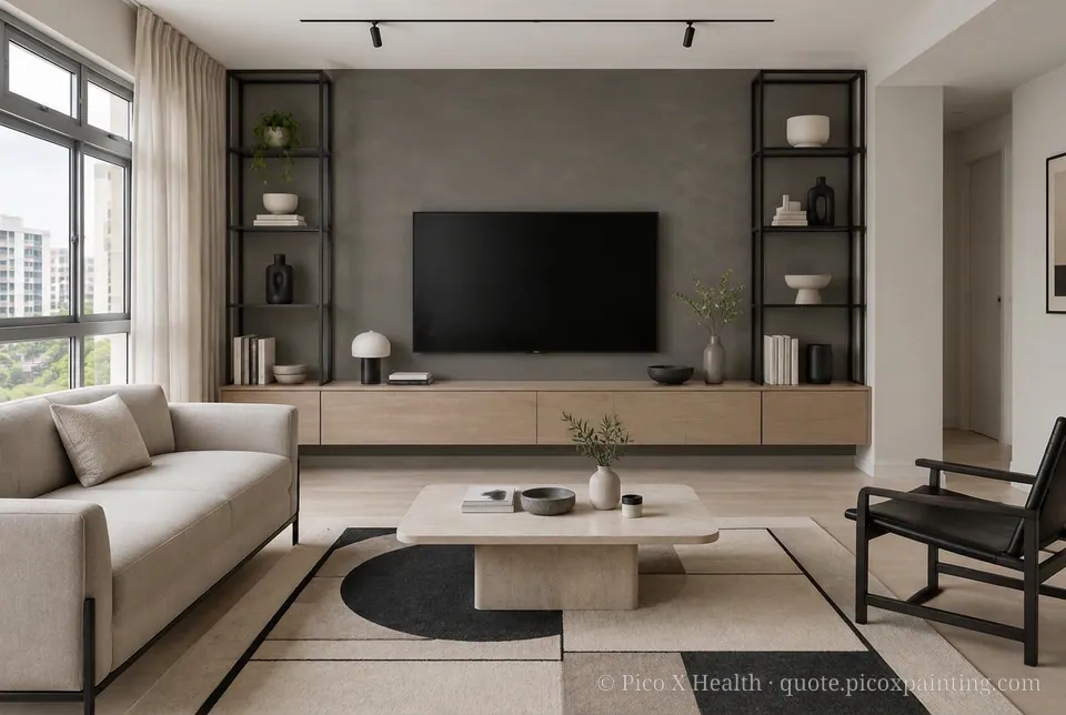 Polish Modernist Rich / Statement living room — Gush Core/Care Window Gazing (XR005A) walls with a Raffles Foggy Gray limewash feature wall and Polish Modernist furnishings