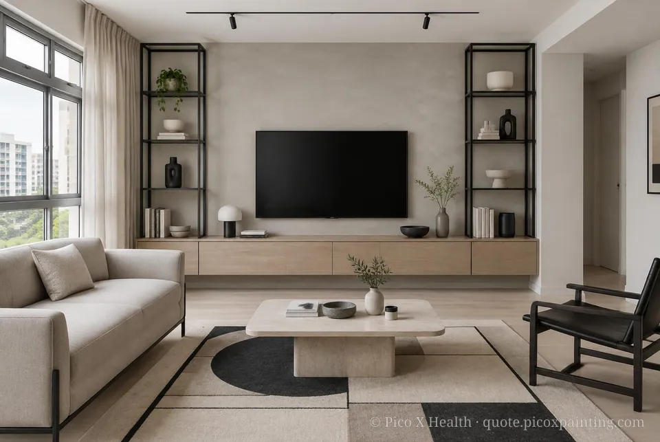 Polish Modernist Soft / Airy living room — Gush Core/Care Fairytale (XR076A) walls with a Raffles Ashen Mist limewash feature wall and Polish Modernist furnishings