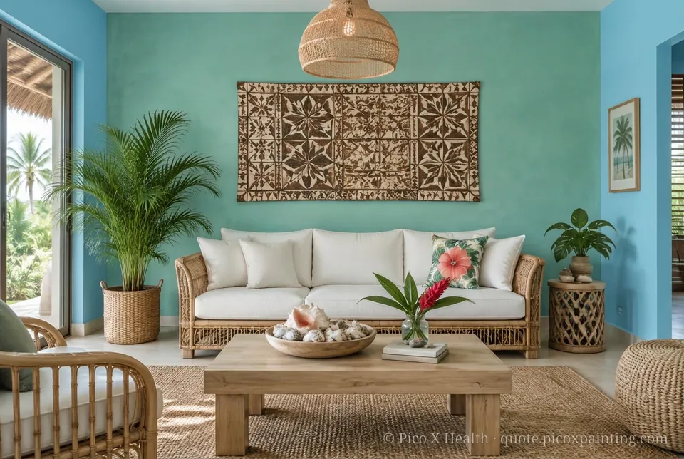 Polynesian Tropical Rich / Statement living room — Gush Core/Care Lazuli (BL020B) walls with a Raffles Jade Oasis limewash feature wall and Polynesian Tropical furnishings