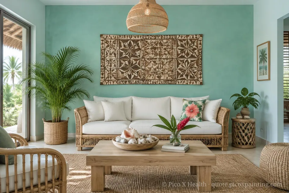 Polynesian Tropical Soft / Airy living room — Gush Core/Care Lazy River (BG000A) walls with a Raffles Aqua Fern limewash feature wall and Polynesian Tropical furnishings