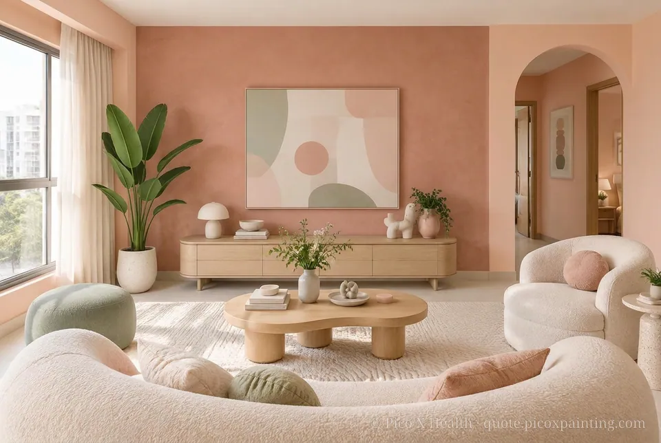Postmodern Rich / Statement living room — Gush Core/Care Homecoming (PI012B) walls with a Raffles Terracota limewash feature wall and Postmodern furnishings