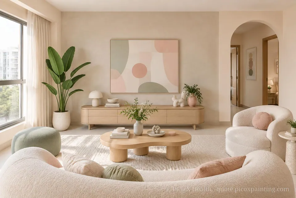 Postmodern Soft / Airy living room — Gush Core/Care Private Island (PI011A) walls with a Raffles Cotton Candy limewash feature wall and Postmodern furnishings