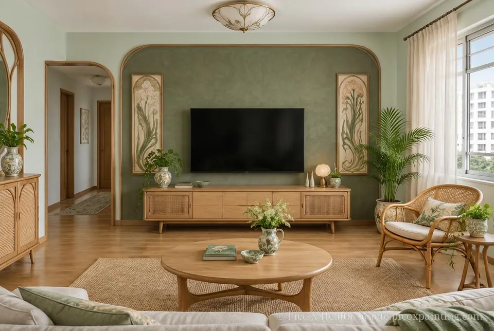 Prague Art Nouveau Rich / Statement living room — Gush Core/Care Ikigai (GR011B) walls with a Raffles Olive Overturn limewash feature wall and Prague Art Nouveau furnishings