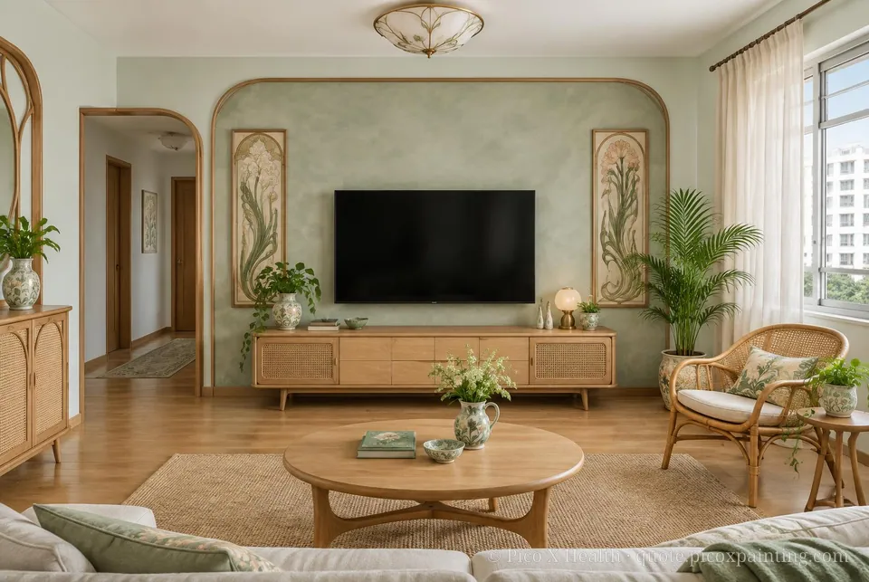 Prague Art Nouveau Soft / Airy living room — Gush Core/Care Chiffonade (BG008A) walls with a Raffles Silver Sage limewash feature wall and Prague Art Nouveau furnishings