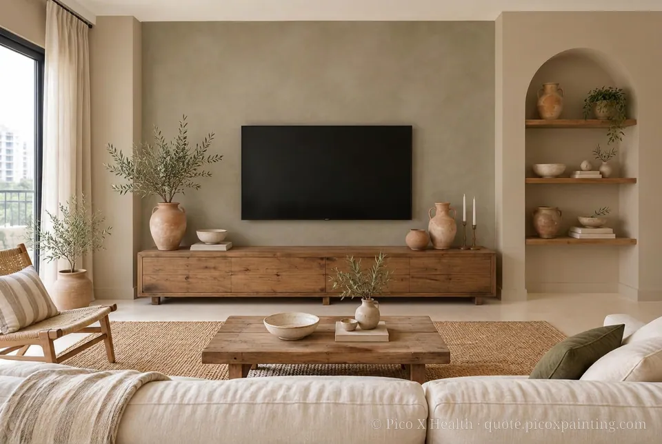 Puglian Rich / Statement living room — Gush Core/Care Coffee Beam (NE015B) walls with a Raffles Military Gray limewash feature wall and Puglian furnishings