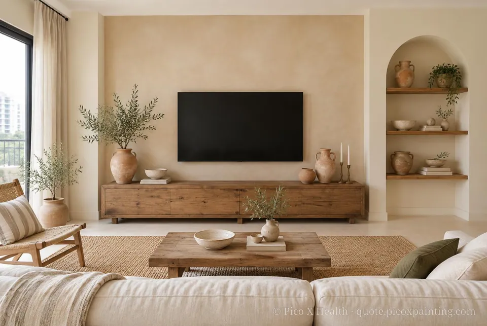 Puglian Soft / Airy living room — Gush Core/Care Prana (NE024A) walls with a Raffles Cotton Candy limewash feature wall and Puglian furnishings