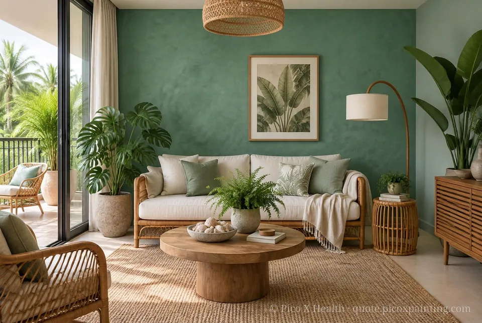Queenslander Rich / Statement living room — Gush Core/Care Safari (GR004B) walls with a Raffles Divine Fern limewash feature wall and Queenslander furnishings