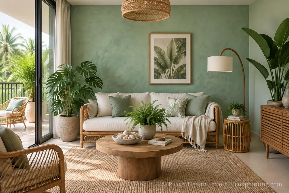 Queenslander Soft / Airy living room — Gush Core/Care Foliage (GR009A) walls with a Raffles Minty Opulence limewash feature wall and Queenslander furnishings