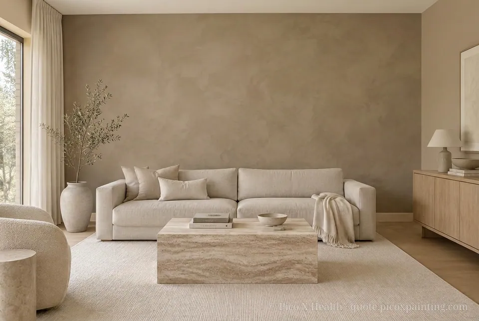 Quiet Luxury Rich / Statement living room — Gush Core/Care Malik (NE019B) walls with a Raffles Mocha Silk limewash feature wall and Quiet Luxury furnishings