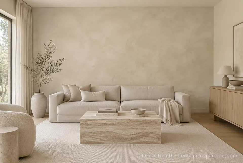 Quiet Luxury Soft / Airy living room — Gush Core/Care Boney (WH018A) walls with a Raffles Champange Cream limewash feature wall and Quiet Luxury furnishings