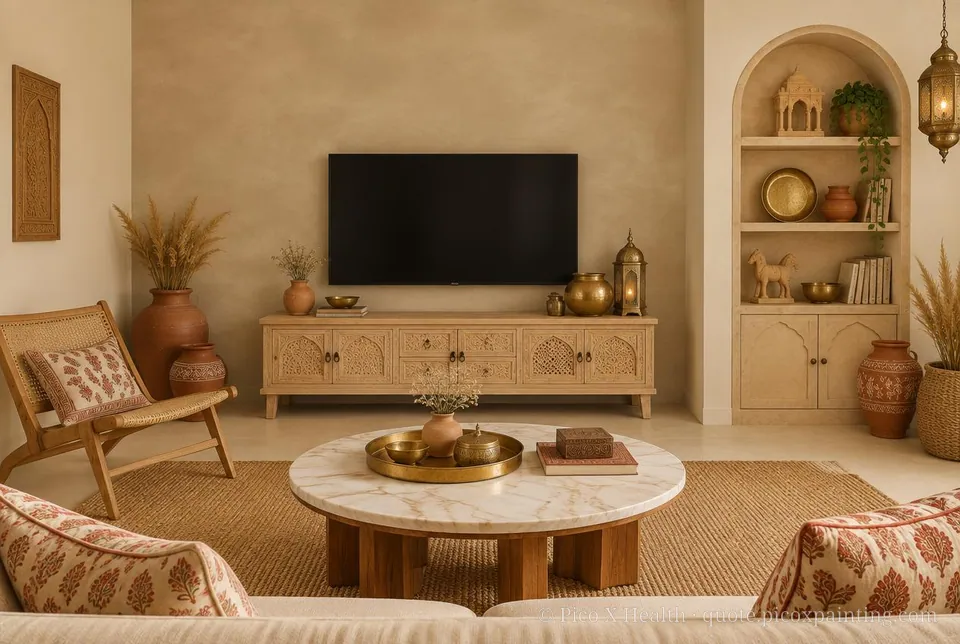 Rajasthan Desert Rich / Statement living room — Gush Core/Care Sandy Mandy (NE005B) walls with a Raffles Mocha Silk limewash feature wall and Rajasthan Desert furnishings