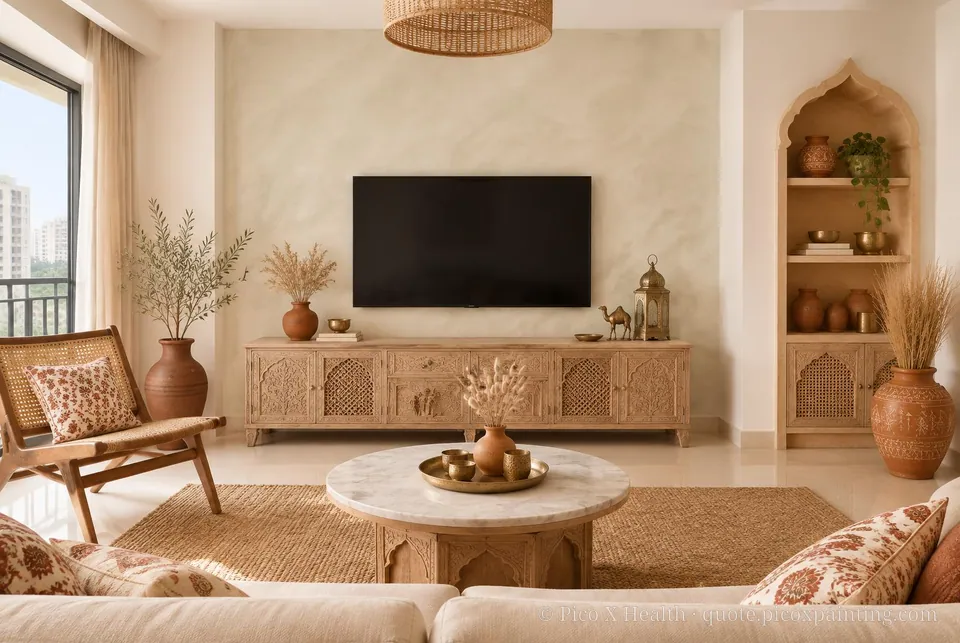 Rajasthan Desert Soft / Airy living room — Gush Core/Care Pillowtalk (WH006A) walls with a Raffles Soft Linen limewash feature wall and Rajasthan Desert furnishings