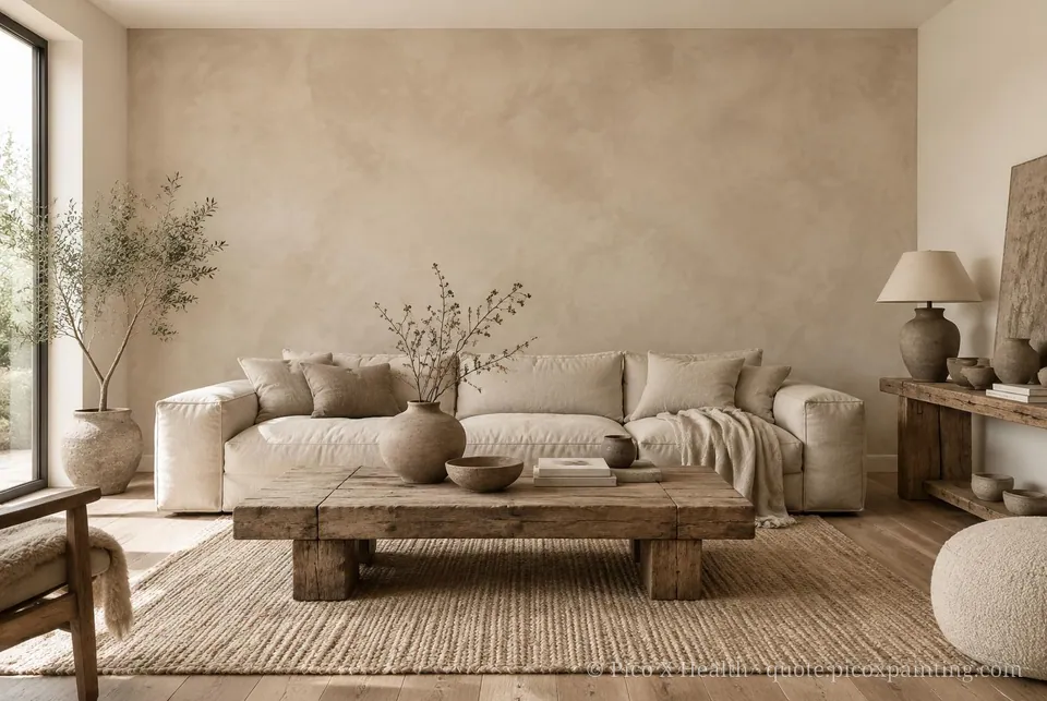 Raw Luxury Soft / Airy living room — Gush Core/Care Prana (NE024A) walls with a Raffles Cotton Candy limewash feature wall and Raw Luxury furnishings