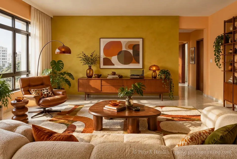 Retro 1970s Rich / Statement living room — Gush Core/Care Mango (OR002B) walls with a Raffles Golden Euphoria limewash feature wall and Retro 1970s furnishings