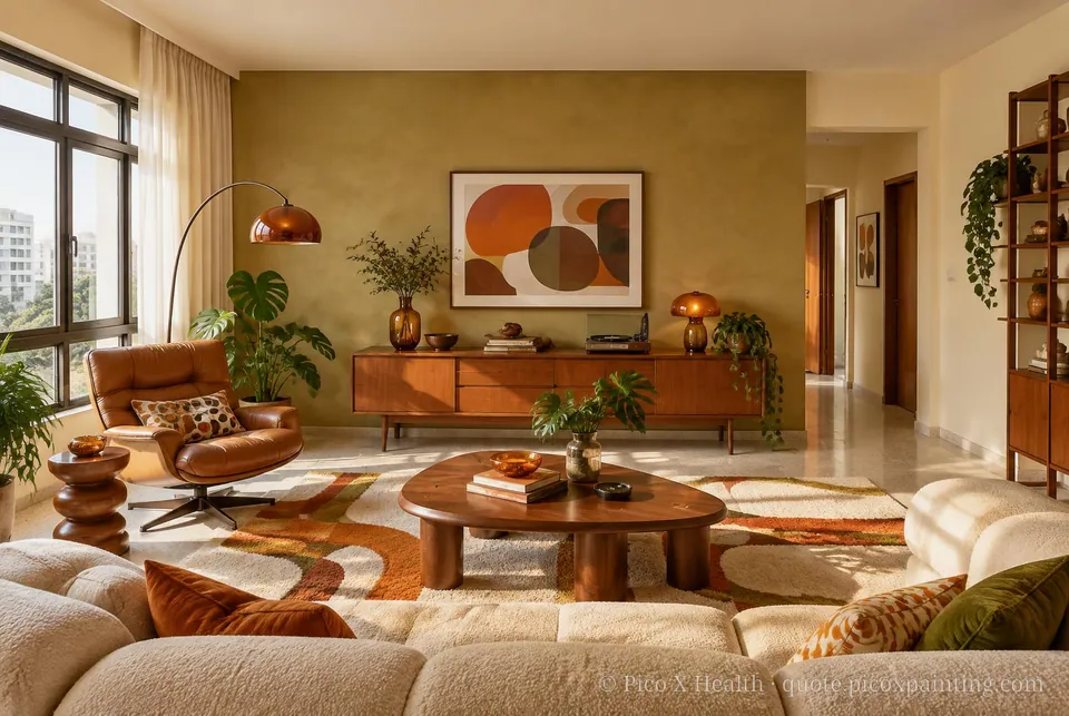 Retro 1970s Soft / Airy living room — Gush Core/Care Maple Butter (YE003A) walls with a Raffles Autumn Times limewash feature wall and Retro 1970s furnishings