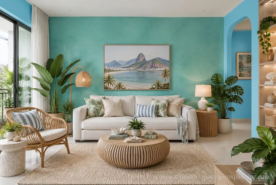 Rio Tropical Rich / Statement living room — Gush Core/Care Lazuli (BL020B) walls with a Raffles Jade Oasis limewash feature wall and Rio Tropical furnishings