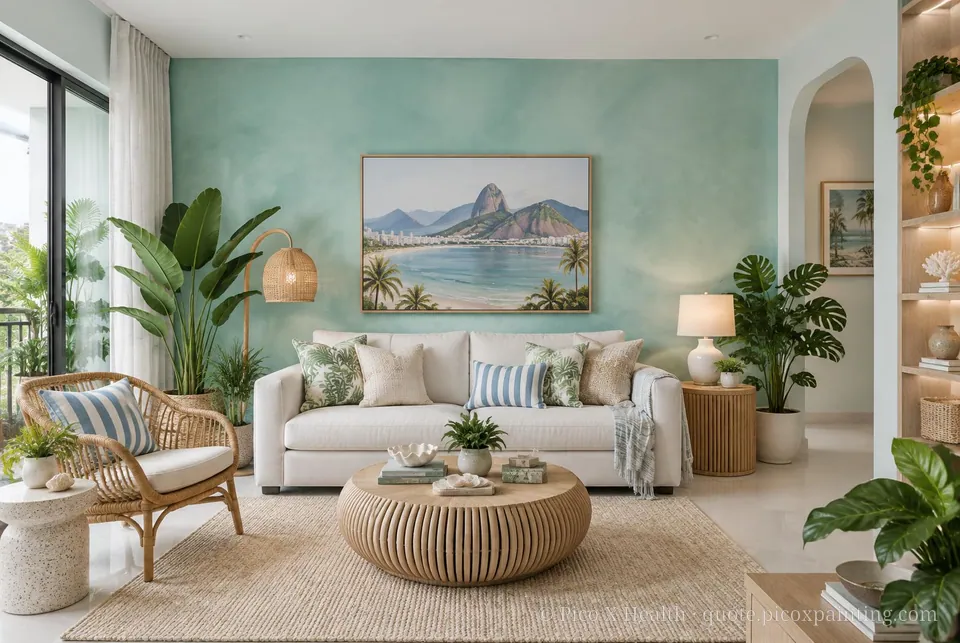 Rio Tropical Soft / Airy living room — Gush Core/Care Lazy River (BG000A) walls with a Raffles Aqua Fern limewash feature wall and Rio Tropical furnishings