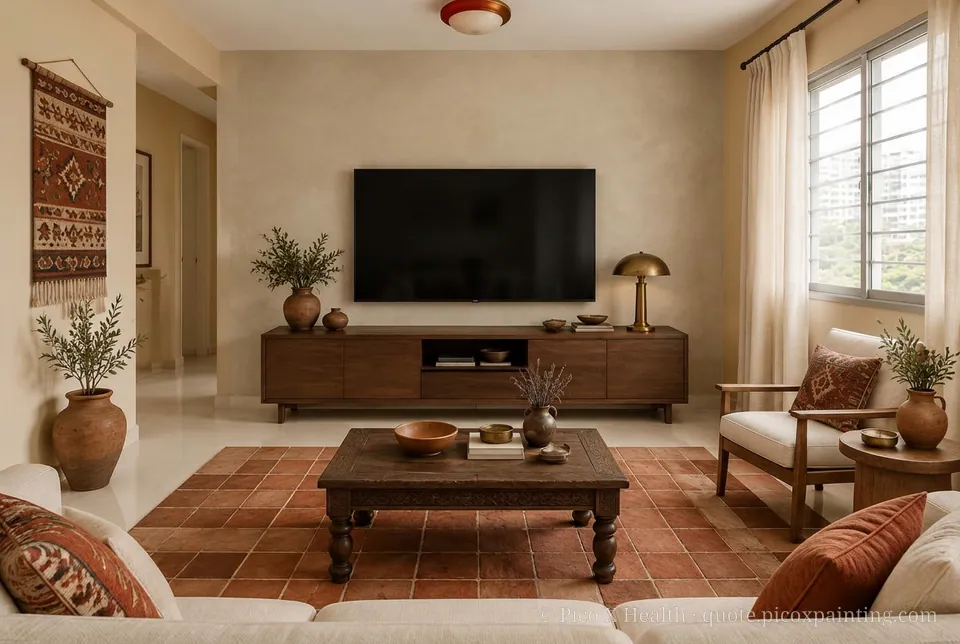 Romanian Rustic Rich / Statement living room — Gush Core/Care Sandy Mandy (NE005B) walls with a Raffles Mocha Silk limewash feature wall and Romanian Rustic furnishings