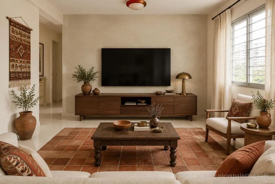 Romanian Rustic Soft / Airy living room — Gush Core/Care Pillowtalk (WH006A) walls with a Raffles Soft Linen limewash feature wall and Romanian Rustic furnishings