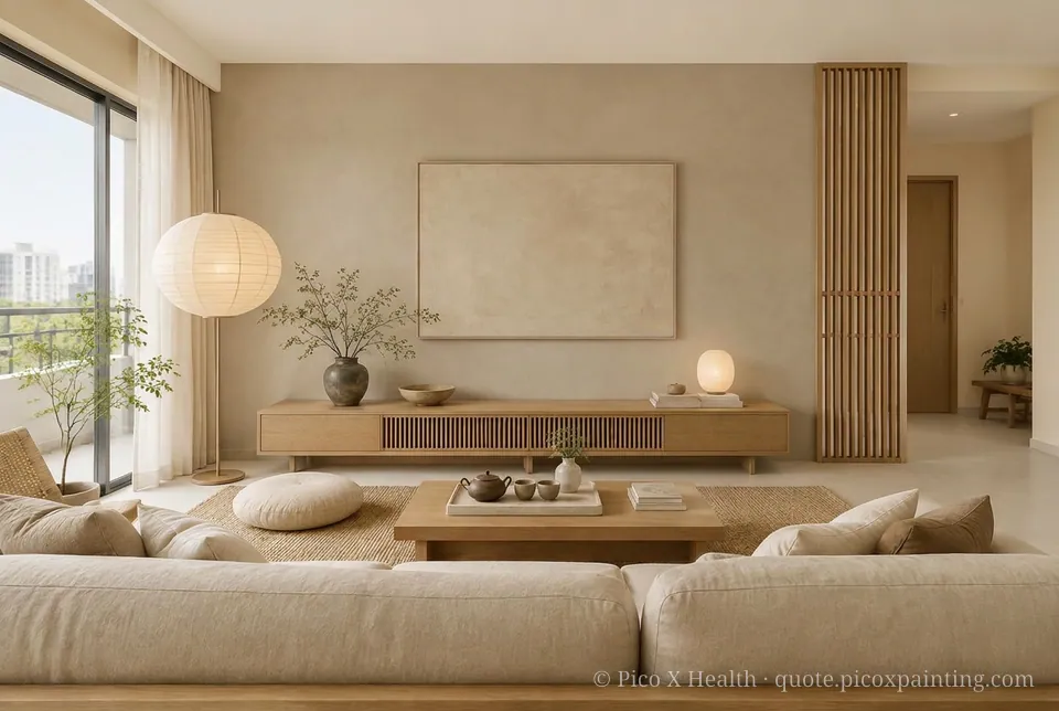 Ryokan Calm Rich / Statement living room — Gush Core/Care Sandy Mandy (NE005B) walls with a Raffles Mocha Silk limewash feature wall and Ryokan Calm furnishings