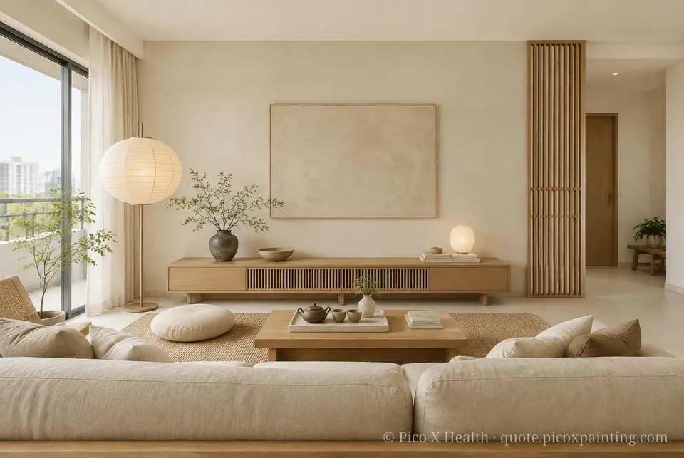Ryokan Calm Soft / Airy living room — Gush Core/Care Attap Chee (WH013A) walls with a Raffles Soft Linen limewash feature wall and Ryokan Calm furnishings
