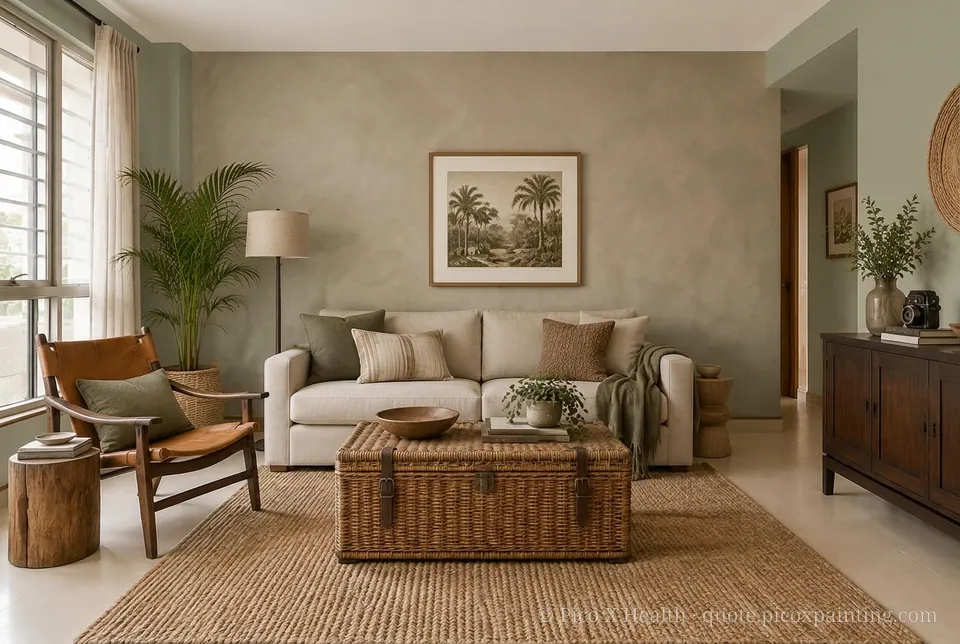 Safari Lodge Rich / Statement living room — Gush Core/Care Malfoy (GR020B) walls with a Raffles Military Gray limewash feature wall and Safari Lodge furnishings