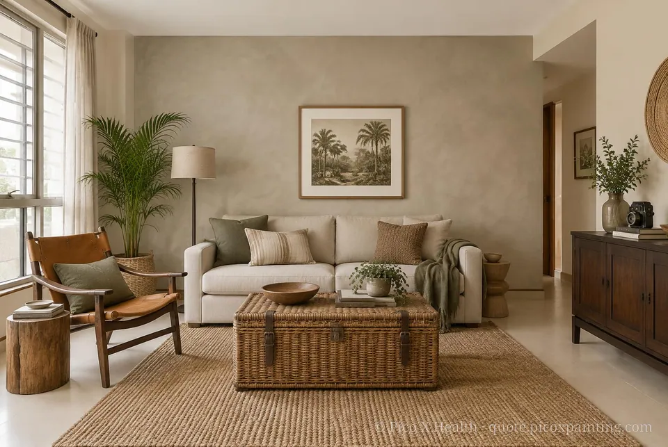 Safari Lodge Soft / Airy living room — Gush Core/Care Sandy Mandy (NE005B) walls with a Raffles Cloudscape limewash feature wall and Safari Lodge furnishings