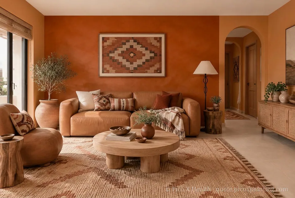 Santa Fe Adobe Rich / Statement living room — Gush Core/Care Supper Stretch (OR005B) walls with a Raffles Burnt Amber limewash feature wall and Santa Fe Adobe furnishings