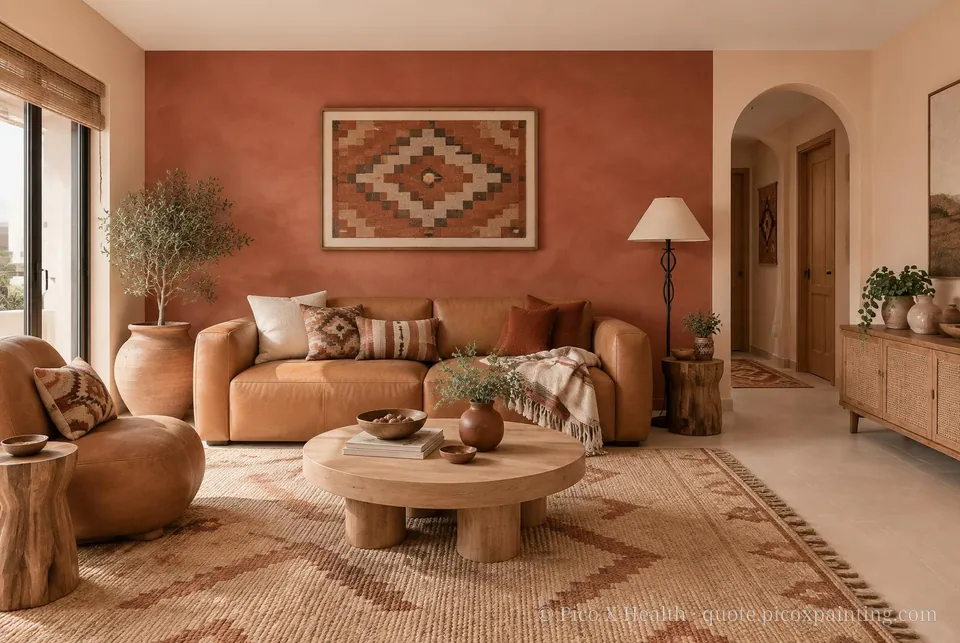 Santa Fe Adobe Soft / Airy living room — Gush Core/Care Breadwinner (NE028B) walls with a Raffles Terracota limewash feature wall and Santa Fe Adobe furnishings