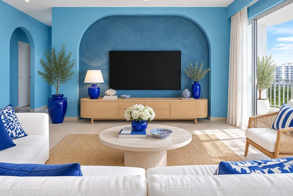 Santorini Rich / Statement living room — Gush Core/Care Lazuli (BL020B) walls with a Raffles Indigo Lagoon limewash feature wall and Santorini furnishings