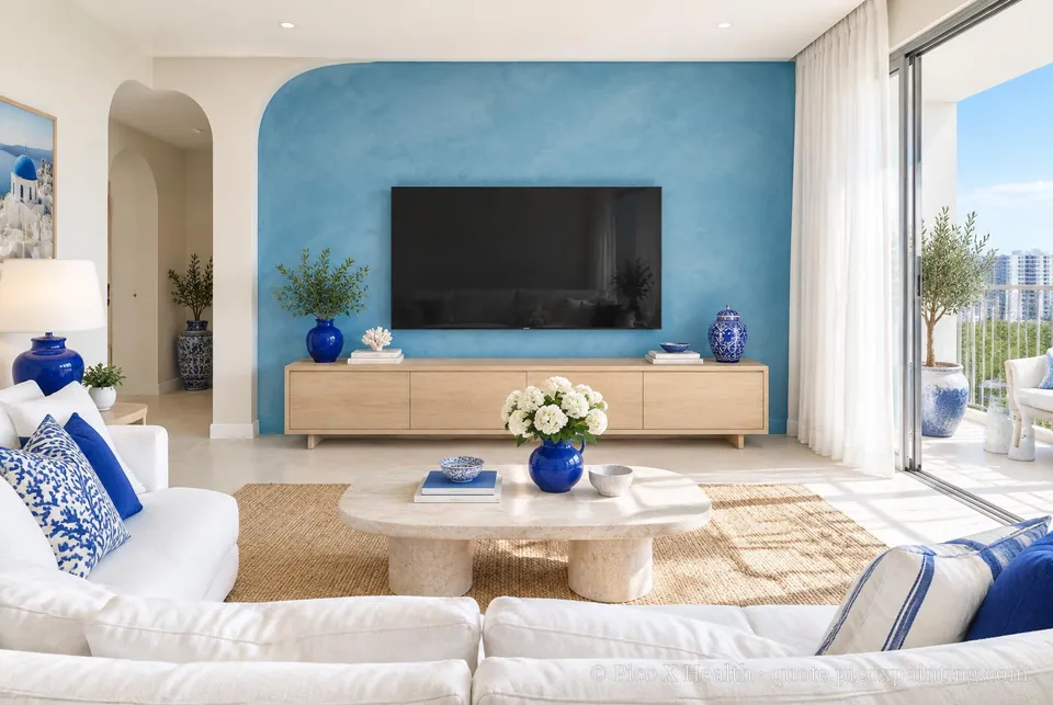 Santorini Soft / Airy living room — Gush Core/Care All Good Things (WH000A) walls with a Raffles Azure Sky limewash feature wall and Santorini furnishings