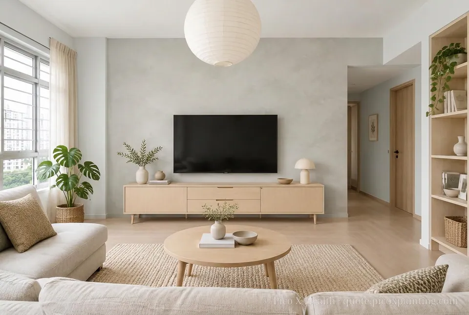 Scandinavian Rich / Statement living room — Gush Core/Care Hindsight (WH003A) walls with a Raffles Ashen Mist limewash feature wall and Scandinavian furnishings