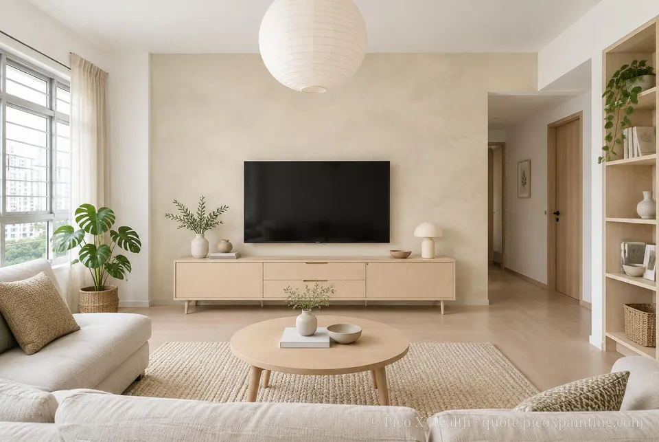 Scandinavian Soft / Airy living room — Gush Core/Care Koyo (WH005A) walls with a Raffles Soft Linen limewash feature wall and Scandinavian furnishings