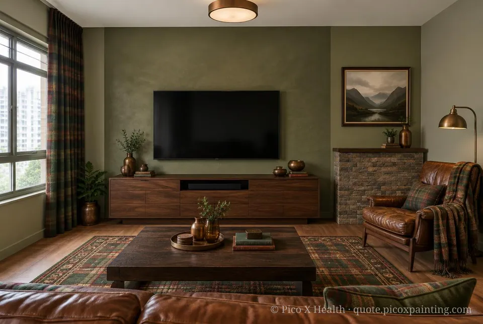 Scottish Highlands Rich / Statement living room — Gush Core/Care Malfoy (GR020B) walls with a Raffles Olive Overturn limewash feature wall and Scottish Highlands furnishings