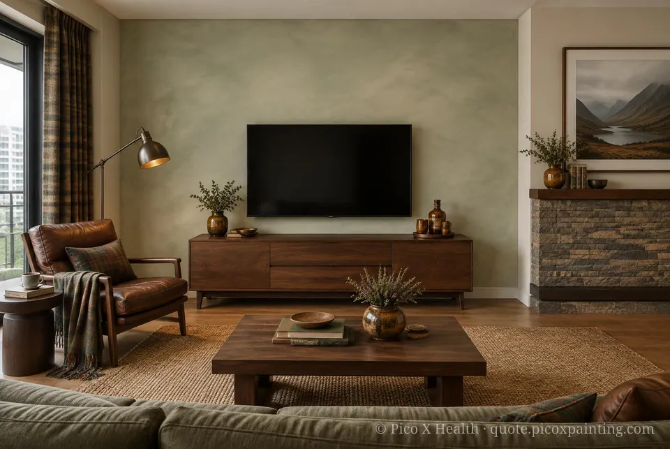 Scottish Highlands Soft / Airy living room — Gush Core/Care Bean Bag (GR000A) walls with a Raffles Silver Sage limewash feature wall and Scottish Highlands furnishings