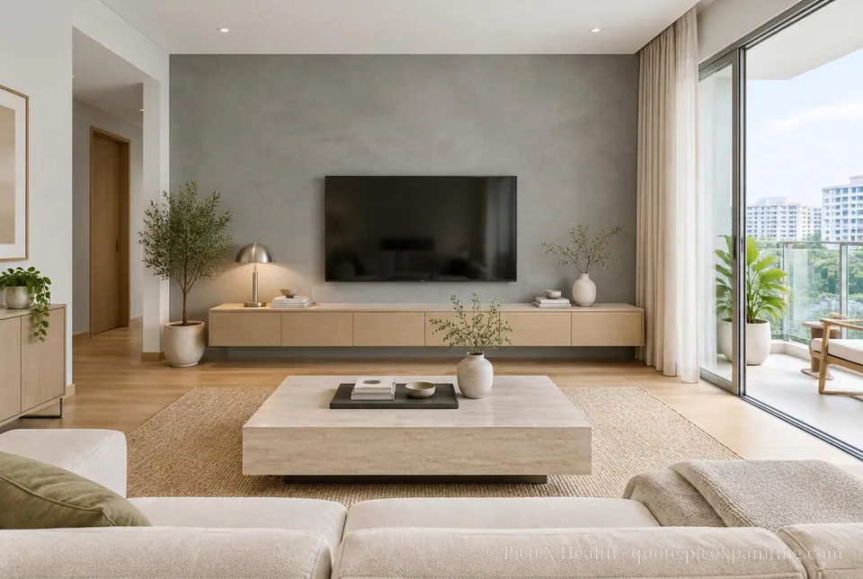 Seoul Minimalism Rich / Statement living room — Gush Core/Care Skydiver (XR003A) walls with a Raffles Gravel Gray limewash feature wall and Seoul Minimalism furnishings