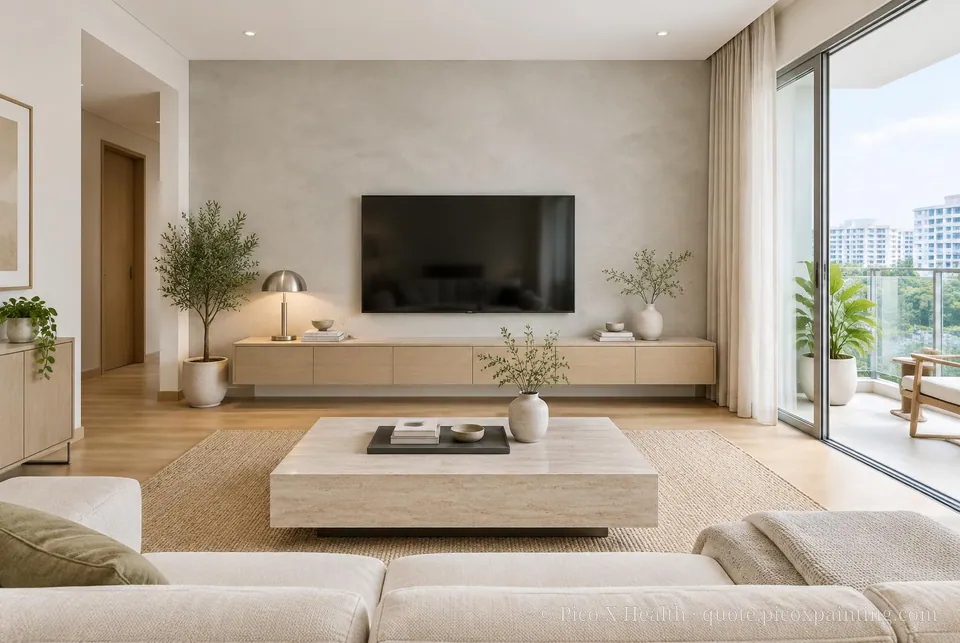 Seoul Minimalism Soft / Airy living room — Gush Core/Care Linen (XR010A) walls with a Raffles Ashen Mist limewash feature wall and Seoul Minimalism furnishings