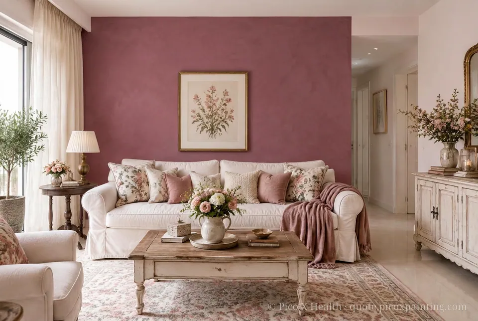 Shabby Chic Rich / Statement living room — Gush Core/Care Lazydaze (PI001A) walls with a Raffles Velvet Burg limewash feature wall and Shabby Chic furnishings