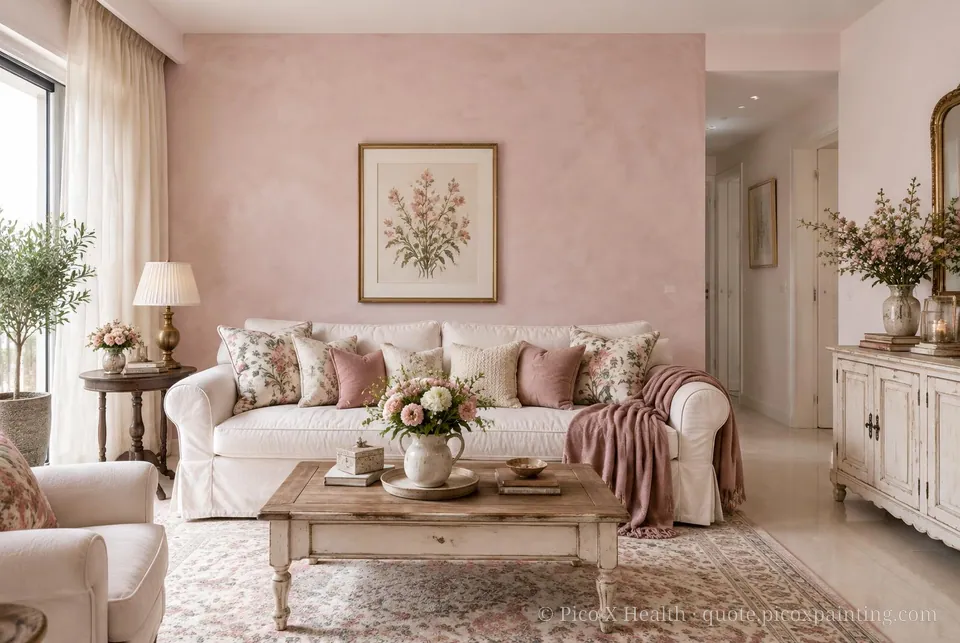 Shabby Chic Soft / Airy living room — Gush Core/Care Pinky Swear (PI000A) walls with a Raffles Cherry Blossom limewash feature wall and Shabby Chic furnishings