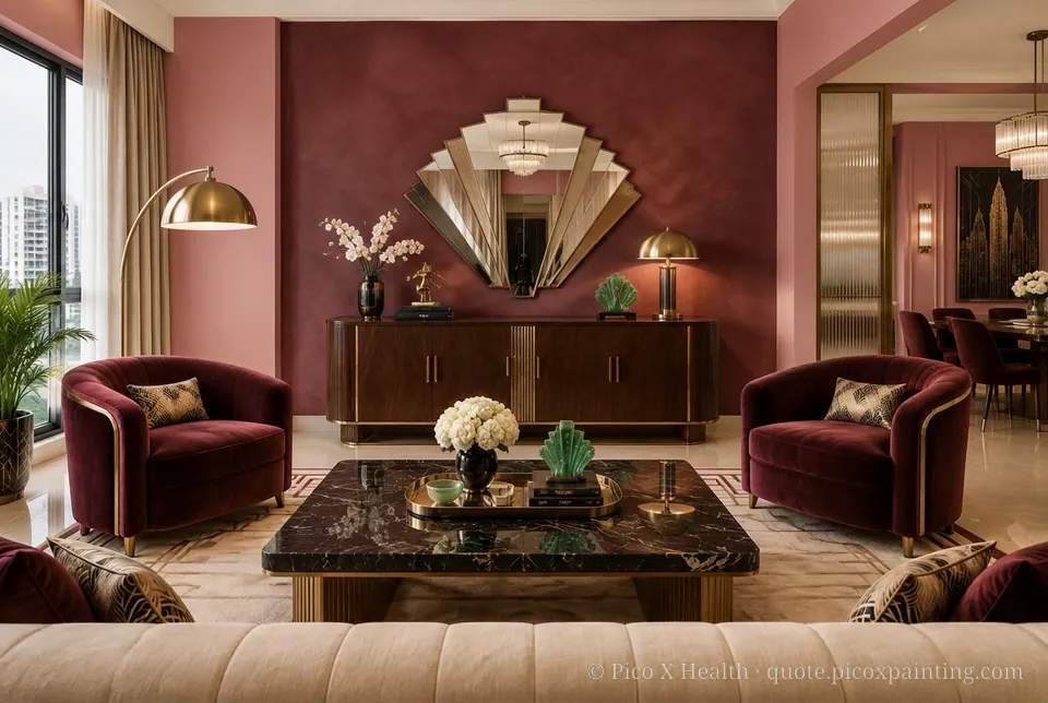 Shanghai Art Deco Rich / Statement living room — Gush Core/Care Date Night (RE000B) walls with a Raffles Burgundy Bazaar limewash feature wall and Shanghai Art Deco furnishings