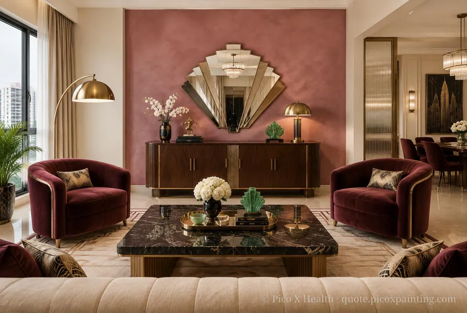 Shanghai Art Deco Soft / Airy living room — Gush Core/Care Pillowtalk (WH006A) walls with a Raffles Velvet Burg limewash feature wall and Shanghai Art Deco furnishings